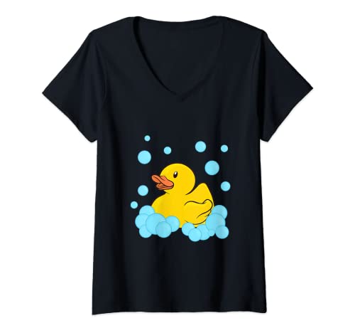 Damen Gelbe Gummiente Badespielzeug Badeente Quietscheente T-Shirt mit V-Ausschnitt Damen Gelbe Gummiente Badespielzeug Badeente Quietscheente T-Shirt mit V-Ausschnitt von Niedliche Quietscheentchen Badeenten Kleidung