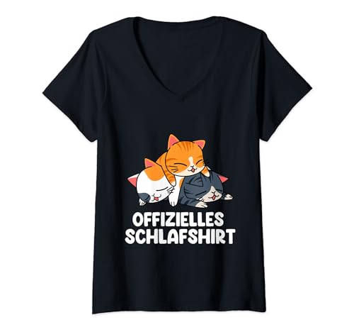 Damen Offizielles Schlafshirt Niedliche Katzen Schlafanzug Schlaf T-Shirt mit V-Ausschnitt von Niedliche Tiere Schlaf Outfits Pyjama