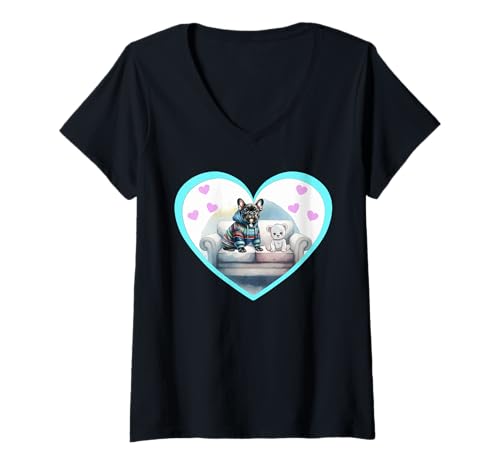 Damen Französische Bullgogge Herz Herzen Teddy Kinder Teenie Kind T-Shirt mit V-Ausschnitt Damen Französische Bullgogge Herz Herzen Teddy Kinder Teenie Kind T-Shirt mit V-Ausschnitt von Niedliche Tiere für Kinder