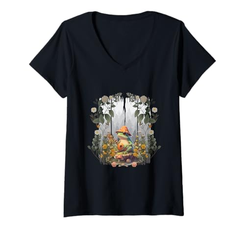 Damen Frosch Frösche Natur Wald Frauen Kinder Mädchen Jungen Kind T-Shirt mit V-Ausschnitt Damen Frosch Frösche Natur Wald Frauen Kinder Mädchen Jungen Kind T-Shirt mit V-Ausschnitt von Niedliche Tiere für Kinder