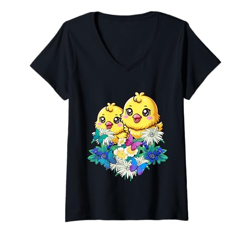 Damen Frühling Österreich Tirol Schweiz Ostern Küken Kinder Huhn T-Shirt mit V-Ausschnitt von Niedliche Tiere für Kinder