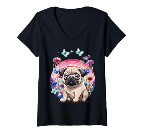 Damen Frühling Sommer Frauen Mops Kind Hund Kinder Mädchen Hunde T-Shirt mit V-Ausschnitt Damen Frühling Sommer Frauen Mops Kind Hund Kinder Mädchen Hunde T-Shirt mit V-Ausschnitt von Niedliche Tiere für Kinder