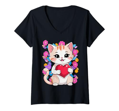 Damen Frühling Sommer Katze Katzen Sommerzeit Kätzchen Herz Herzen T-Shirt mit V-Ausschnitt von Niedliche Tiere für Kinder