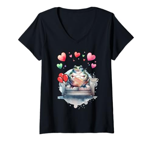Damen Geburtstag Frosch Frösche Luftballon Mann Valentin Herzen T-Shirt mit V-Ausschnitt von Niedliche Tiere für Kinder