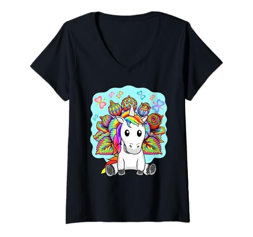 Damen Hippie Einhorn Kinder Pferd Mädchen 60er Retro T-Shirt mit V-Ausschnitt von Niedliche Tiere für Kinder