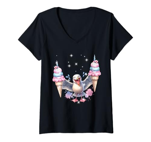 Damen Lachmöwe Kind Eis maritim Mädchen Jungen Sommer Eiskrem T-Shirt mit V-Ausschnitt Damen Lachmöwe Kind Eis maritim Mädchen Jungen Sommer Eiskrem T-Shirt mit V-Ausschnitt von Niedliche Tiere für Kinder