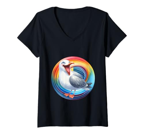 Damen Lachmöwe Möwen Möwe Regenbogen Mädchen Jungen Kind T-Shirt mit V-Ausschnitt von Niedliche Tiere für Kinder