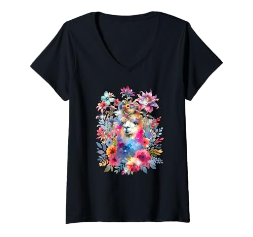 Damen Lamas Alpaka Lama Blumen Sommer Sommerzeit Blume Garten T-Shirt mit V-Ausschnitt von Niedliche Tiere für Kinder