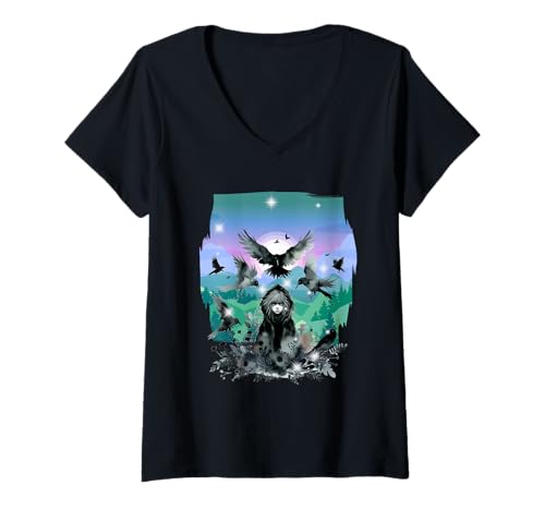 Damen Mädchen Märchen Märchenfigur Raben Krähen Vögel T-Shirt mit V-Ausschnitt von Niedliche Tiere für Kinder