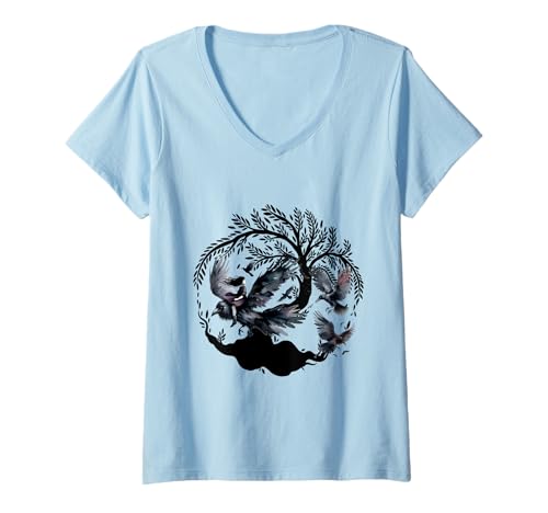 Damen Mädchen Raben Krähen Kinder Märchen Vögel T-Shirt mit V-Ausschnitt von Niedliche Tiere für Kinder