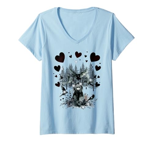 Damen Mädchen Raben Krähen Märchen Märchenfigur Kinder T-Shirt mit V-Ausschnitt von Niedliche Tiere für Kinder