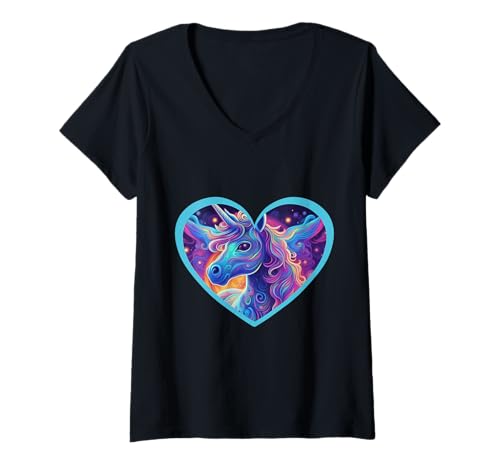Damen Märchen Märchenfigur Einhorn Einhörner Herz Herzen Kinder T-Shirt mit V-Ausschnitt von Niedliche Tiere für Kinder