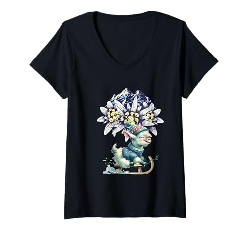 Damen Österreich Alpen Wintersport Ziege Kind Weihnachten Rodeln T-Shirt mit V-Ausschnitt Damen Österreich Alpen Wintersport Ziege Kind Weihnachten Rodeln T-Shirt mit V-Ausschnitt von Niedliche Tiere für Kinder
