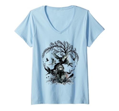 Damen Raben Mädchen Märchen Märchenfigur Krähen Vögel Kinder Kind T-Shirt mit V-Ausschnitt von Niedliche Tiere für Kinder