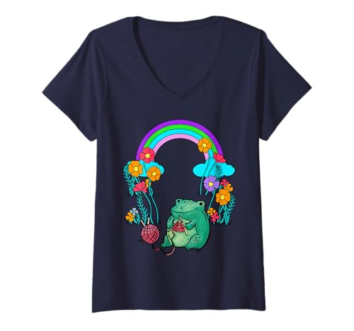 Damen Regenbogen Frosch Kinder T-Shirt mit V-Ausschnitt von Niedliche Tiere für Kinder
