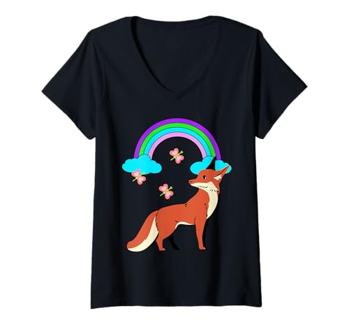 Damen Regenbogen Schmetterlinge Fuchs Kinder Retro Jungen Mädchen T-Shirt mit V-Ausschnitt von Niedliche Tiere für Kinder
