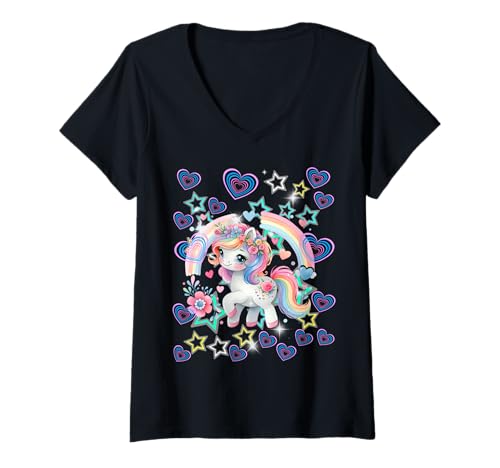 Damen Retro 60er Einhorn Regenbogen Herzen Mädchen Pferd Kinder T-Shirt mit V-Ausschnitt von Niedliche Tiere für Kinder