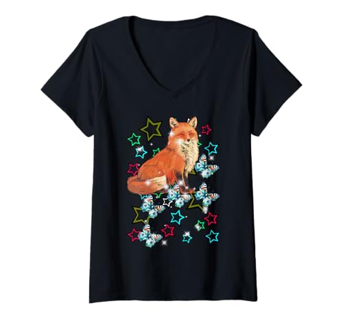 Damen Retro 60er Fuchs Kind Mädchen Junge Schmetterlinge Sterne T-Shirt mit V-Ausschnitt von Niedliche Tiere für Kinder