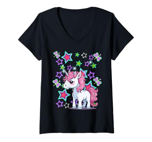 Damen Retro 80er Einhorn Pferd 60er Kind Mädchen Einhörner T-Shirt mit V-Ausschnitt von Niedliche Tiere für Kinder