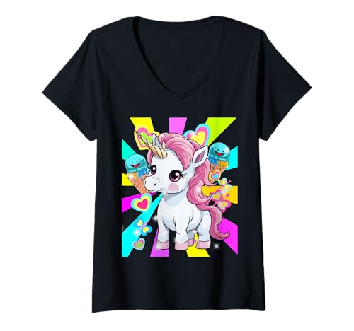 Damen Retro 80er Kinder Mädchen Jungen Teenie Einhorn Eiskrem Eis T-Shirt mit V-Ausschnitt von Niedliche Tiere für Kinder