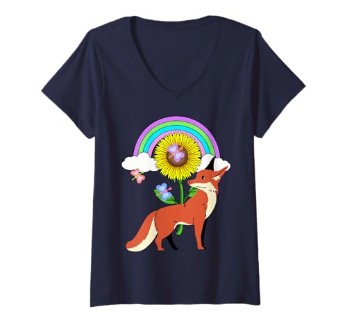 Damen Retro Füchse Fuchs Kinder Mädchen Jungen Regenbogen T-Shirt mit V-Ausschnitt von Niedliche Tiere für Kinder