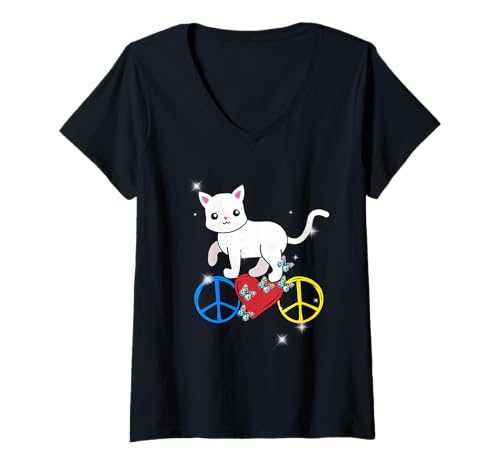 Damen Retro Katze Peace Peacesymbol Katzen Haustiere Haustier T-Shirt mit V-Ausschnitt Damen Retro Katze Peace Peacesymbol Katzen Haustiere Haustier T-Shirt mit V-Ausschnitt von Niedliche Tiere für Kinder