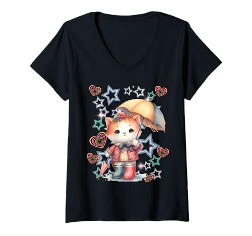 Damen Retro Katze Regenschirm Kinder Mädchen Jungen Katzen T-Shirt mit V-Ausschnitt von Niedliche Tiere für Kinder