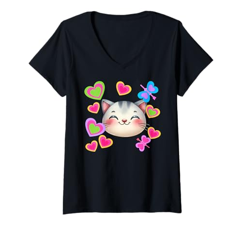 Damen Retro Katzen Katze Kinder 80er Kleinkind Kleinkinder Babys T-Shirt mit V-Ausschnitt Damen Retro Katzen Katze Kinder 80er Kleinkind Kleinkinder Babys T-Shirt mit V-Ausschnitt von Niedliche Tiere für Kinder