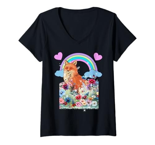Damen Retro Kinder Fuchs Füchse Natur Regenbogen T-Shirt mit V-Ausschnitt von Niedliche Tiere für Kinder