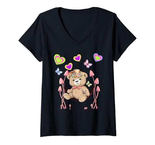 Damen Retro Teddybär Mädchen Jungen Kinder Bär Teddy chillen Bären T-Shirt mit V-Ausschnitt von Niedliche Tiere für Kinder