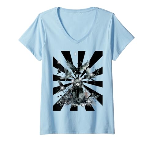 Damen Retro Vögel Mädchen Kinder Raben Märchen Märchenfigur T-Shirt mit V-Ausschnitt von Niedliche Tiere für Kinder