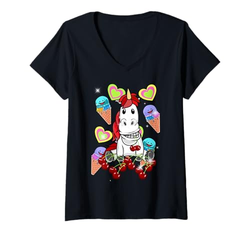 Damen Sommer Kinder Eis Einhorn Fabeltier Pferd Eiskrem Kirschen T-Shirt mit V-Ausschnitt von Niedliche Tiere für Kinder