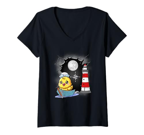 Damen maritim Kinder Kind Mädchen Jungen Küken Boot Leuchtturm T-Shirt mit V-Ausschnitt von Niedliche Tiere für Kinder