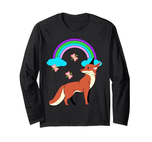 Regenbogen Schmetterlinge Fuchs Kinder Retro Jungen Mädchen Langarmshirt von Niedliche Tiere für Kinder