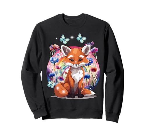 Regenbogen Sommer Kind Fuchs Füchse Mädchen Blumen Natur Sweatshirt von Niedliche Tiere für Kinder