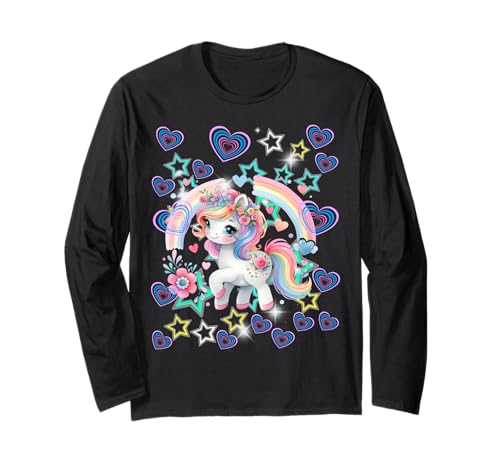 Retro 60er Einhorn Regenbogen Herzen Mädchen Pferd Kinder Langarmshirt von Niedliche Tiere für Kinder
