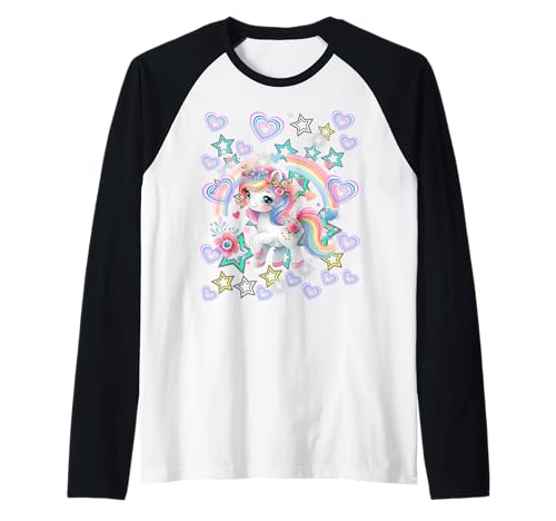 Retro 60er Einhorn Regenbogen Herzen Mädchen Pferd Kinder Raglan von Niedliche Tiere für Kinder