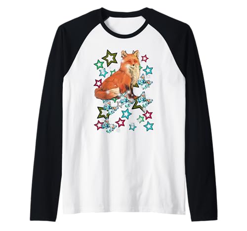 Retro 60er Fuchs Kind Mädchen Junge Schmetterlinge Sterne Raglan von Niedliche Tiere für Kinder