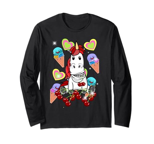 Sommer Kinder Eis Einhorn Fabeltier Pferd Eiskrem Kirschen Langarmshirt von Niedliche Tiere für Kinder