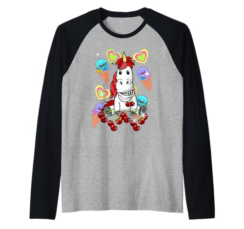 Sommer Kinder Eis Einhorn Fabeltier Pferd Eiskrem Kirschen Raglan von Niedliche Tiere für Kinder