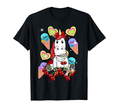 Sommer Kinder Eis Einhorn Fabeltier Pferd Eiskrem Kirschen T-Shirt von Niedliche Tiere für Kinder