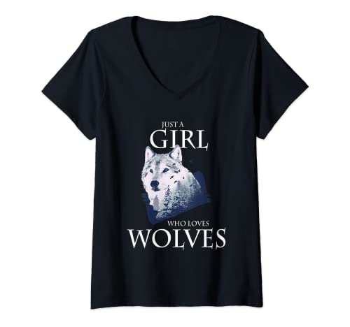 Damen Just A Girl Who Loves Wolves Wolf Wolves Damen Mädchen T-Shirt mit V-Ausschnitt von Niedliche Tiermotive Geburtstag und Weihnachten