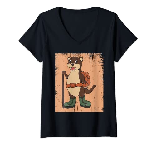 Damen Niedliches Wiesel Wandern Berge Natur Tiere T-Shirt mit V-Ausschnitt von Niedliche Wiesel Nagetiere Waldtiere