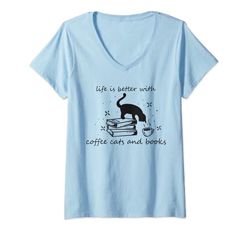 Damen Leben mit guter Literatur, Kaffee, Katzen und Büchern T-Shirt mit V-Ausschnitt Damen Leben mit guter Literatur, Kaffee, Katzen und Büchern T-Shirt mit V-Ausschnitt von Niedliche genervte Katze Kaffee