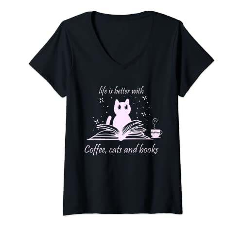 Damen Witziges Zitat mit Kaffee, Katzen und Buchlesung T-Shirt mit V-Ausschnitt Damen Witziges Zitat mit Kaffee, Katzen und Buchlesung T-Shirt mit V-Ausschnitt von Niedliche genervte Katze Kaffee