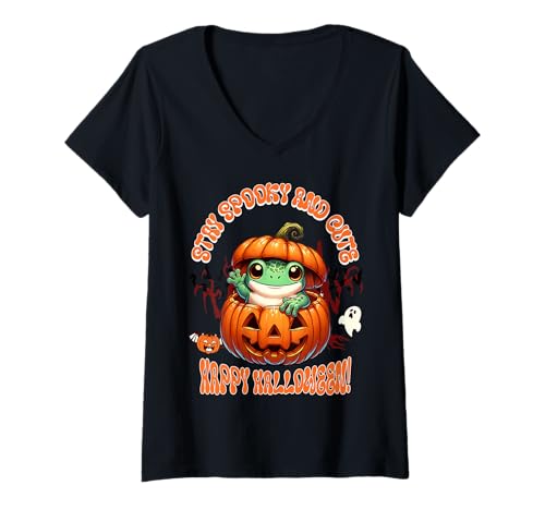 Damen Spukiger Frosch Halloween Kürbis Lustiges Kostüm T-Shirt mit V-Ausschnitt von Niedlicher Frosch im Kürbis Halloween Thema