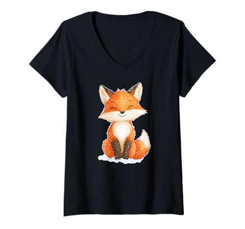 Damen Fuchs Schnee Waldbewohner Fuchsliebhaber T-Shirt mit V-Ausschnitt von Niedlicher Fuchs Wald Winter Schneeflocken Tiere