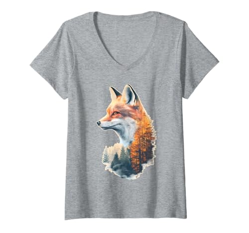 Damen Fuchs Waldbewohner Fuchsliebhaber T-Shirt mit V-Ausschnitt von Niedlicher Fuchs Waldtiere Süße Tiere