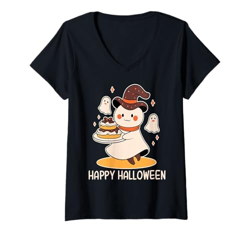 Damen Süßes Halloween Geist Dessert Hexenhut Thema T-Shirt mit V-Ausschnitt von Niedlicher Geisterstil Süßigkeiten Pastell Szene