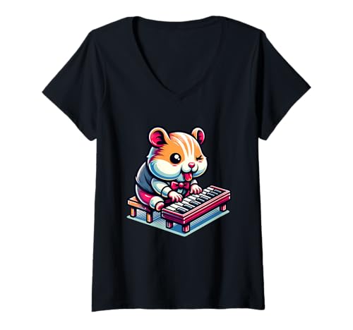 Damen Hamster Baseballspieler Farbe Spritzer Kreativ T-Shirt mit V-Ausschnitt von Niedlicher Hamster Baseball Spieler Kunst